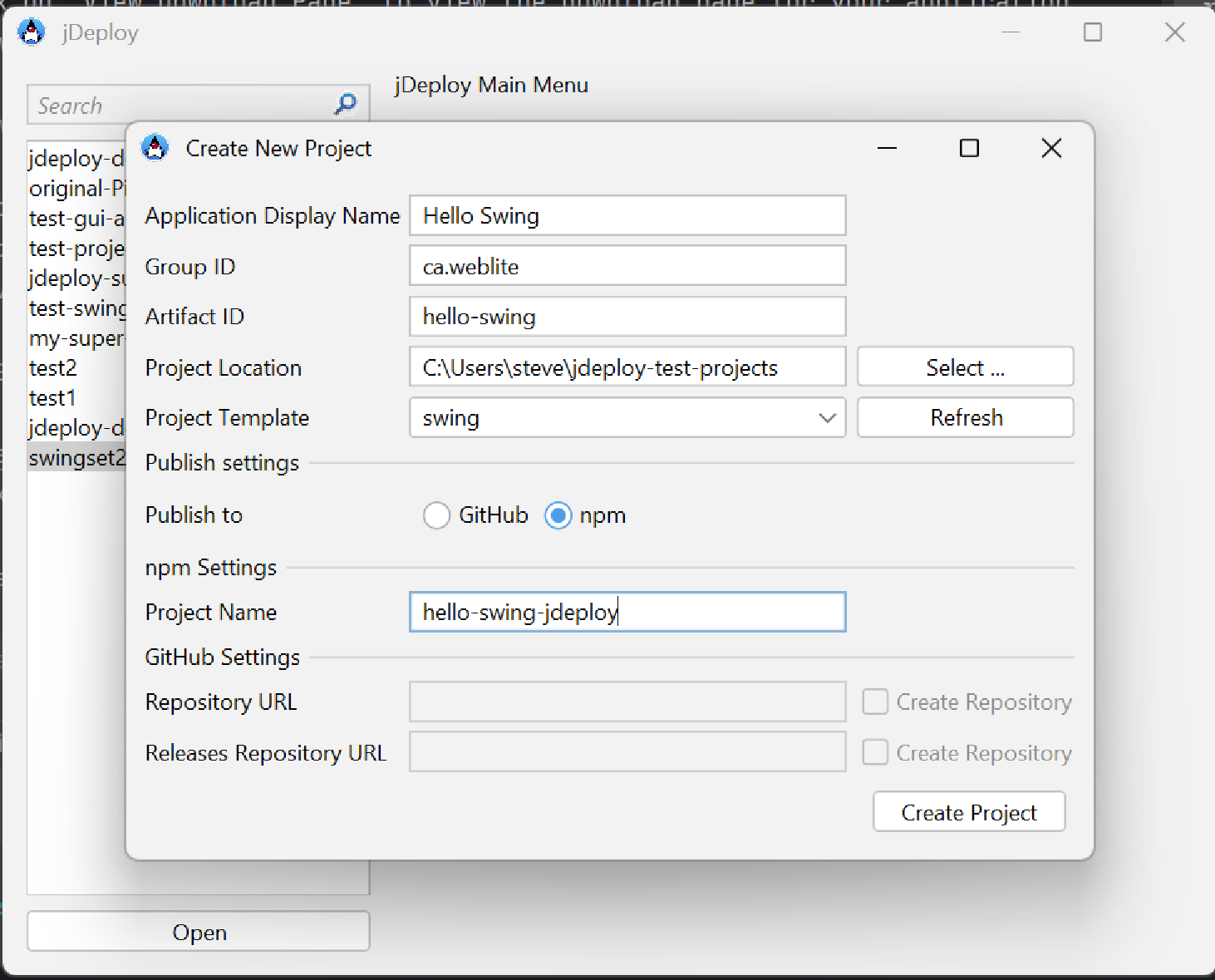 create project dialog