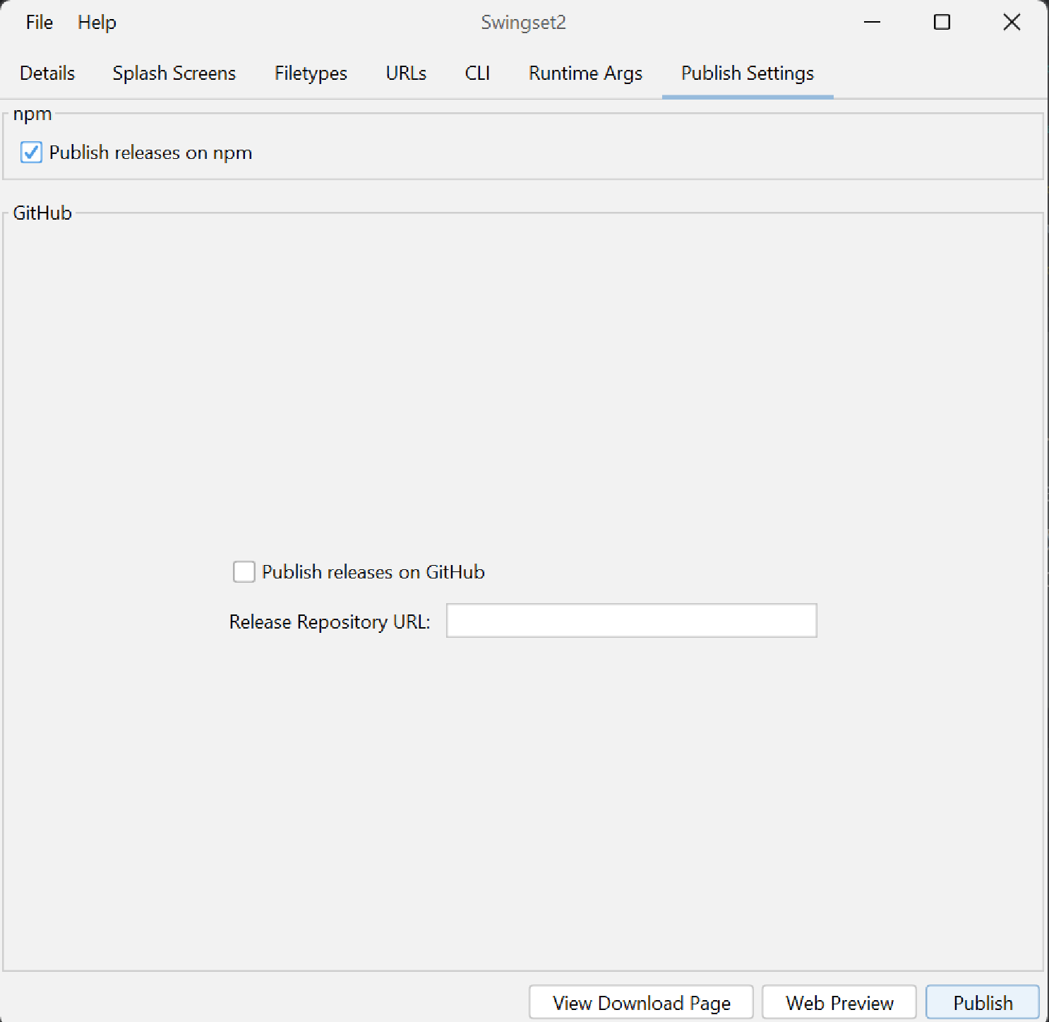 publish settings tab